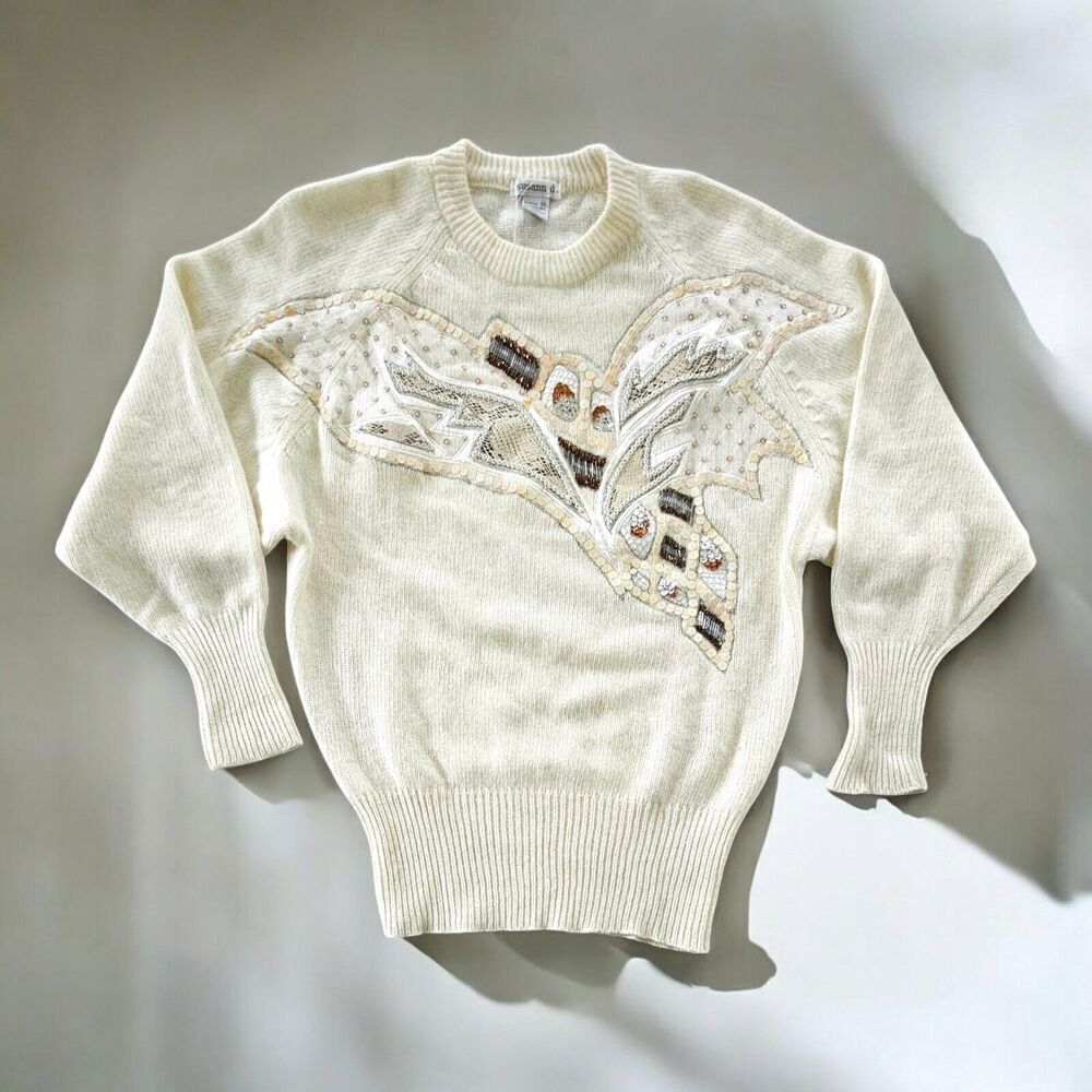 Vtg 80s Off White Knit Angora Lambswool Beaded Applique Sweater M Dolman Sleeve